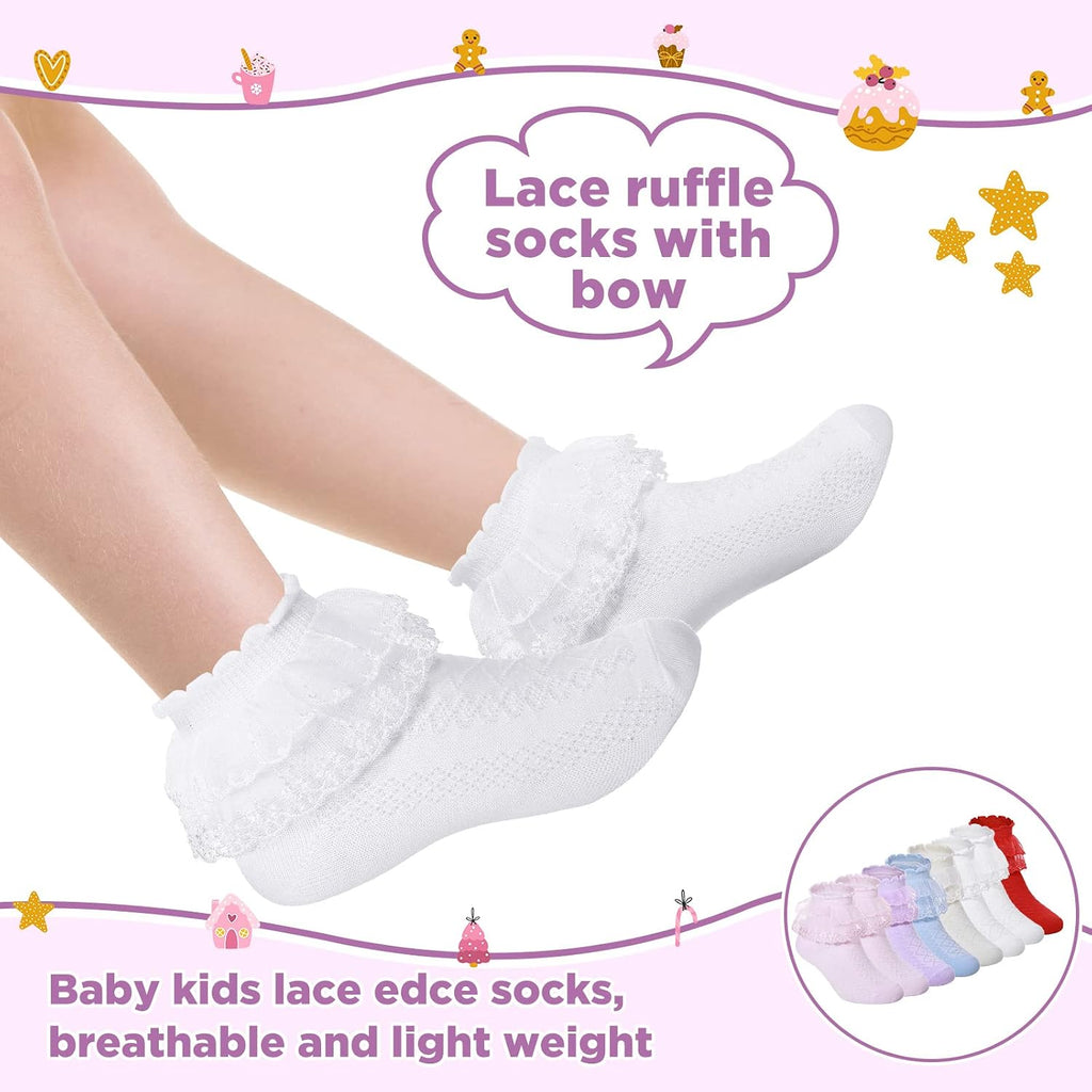 8 Pairs Toddler Girls Dress Socks - Baby Ruffle Cute Frilly Lace Cotton Teen Girl