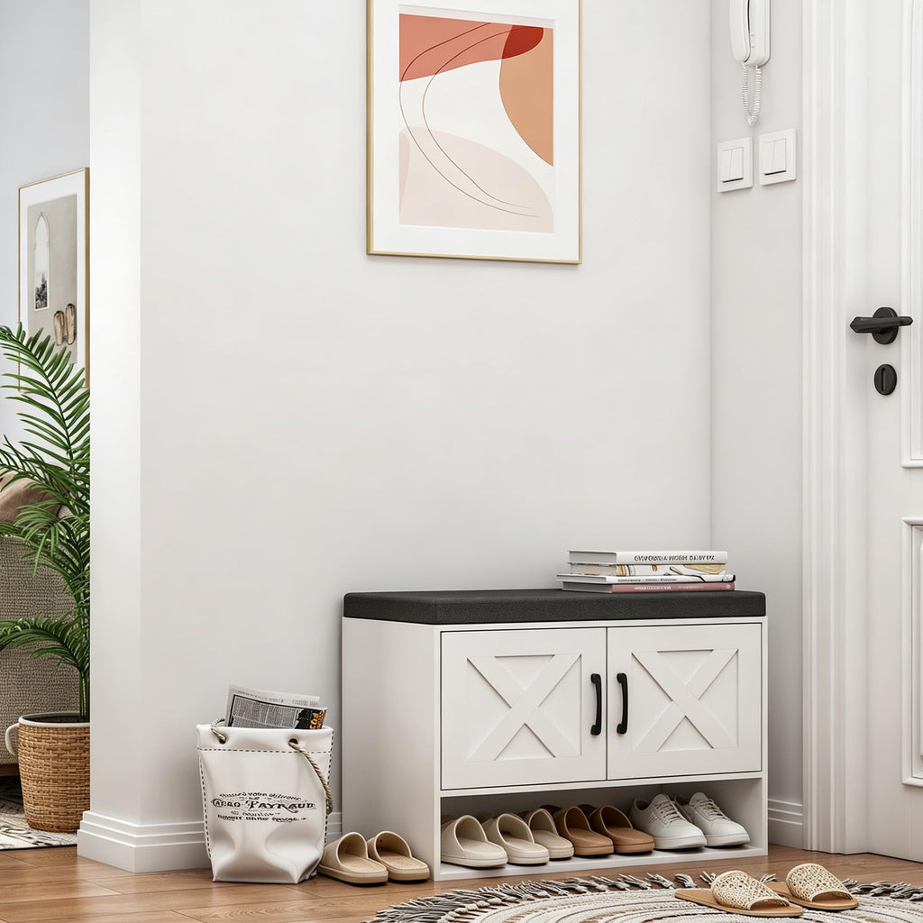 Farmhouse Shoe Storage Bench, Wooden End of Bed Bench, Shoe Storage Cabinet with Seat Cushion, Adjustable Shelf and