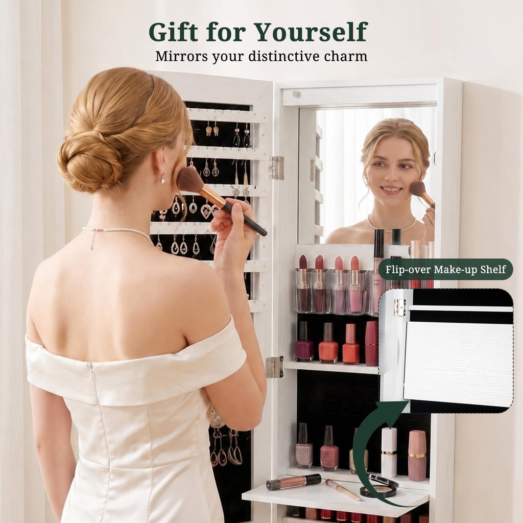 360° Swivel Jewelry Armoire Cabinet with Full Length Mirror, Lockable Jewelry Organizer with 6 LED Vanity Mirror, 3
