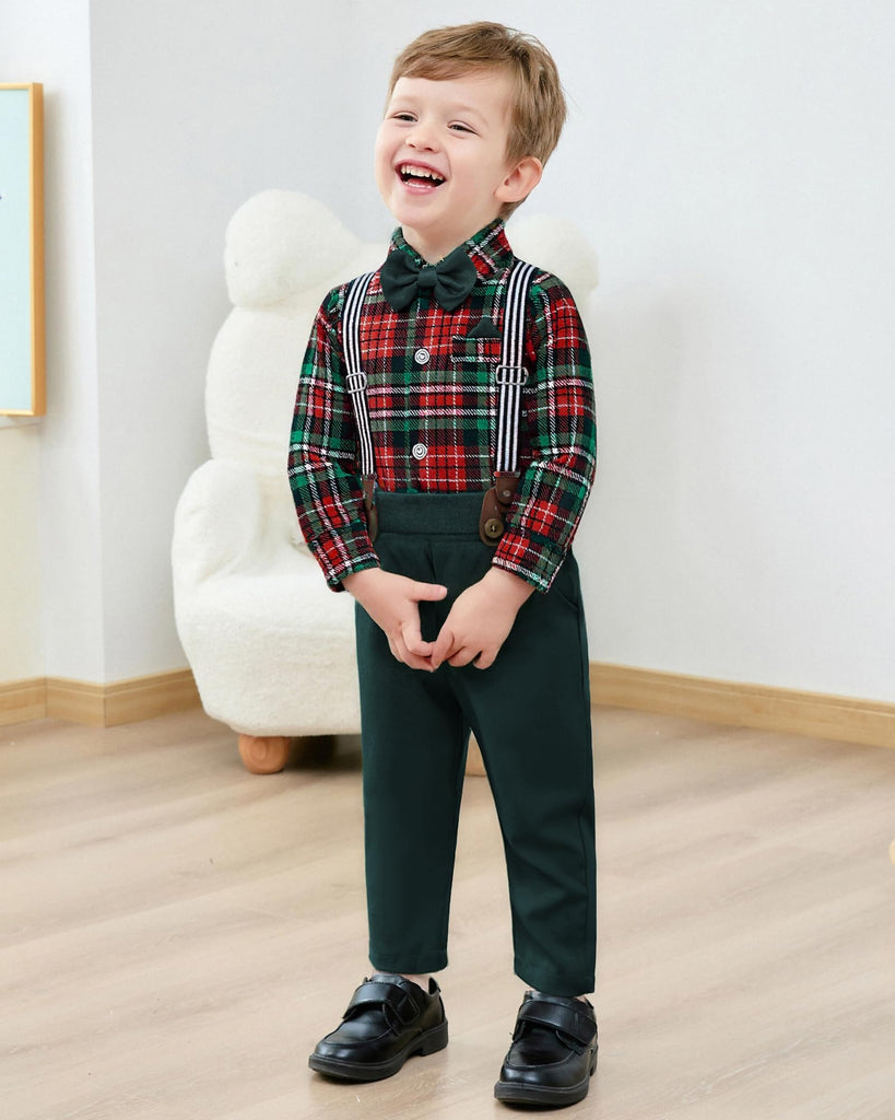 Baby Boy Clothes Set Infant Tuxedo Christmas Long Sleeve Gentleman Suit Outfits + Beret Hat + Suspender Pants +