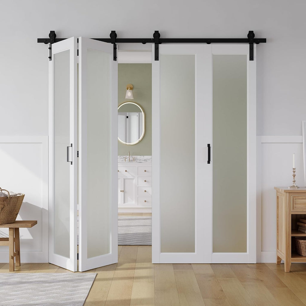 80" x 84" Bifold Sliding Barn Door, 1 Lites Tempered Frosted Glass Panel with Sliding Hardware Kit S