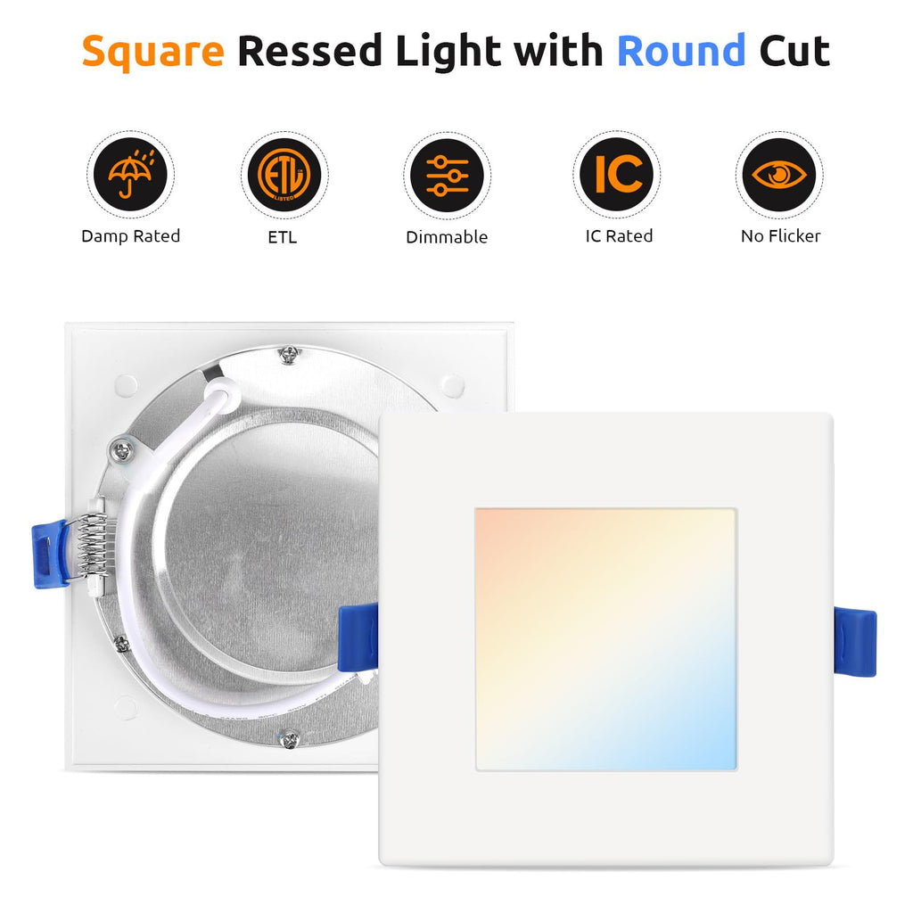 4 Inch Square LED Recessed Lighting 12 Pack, 5CCT, 9W, Dimmable