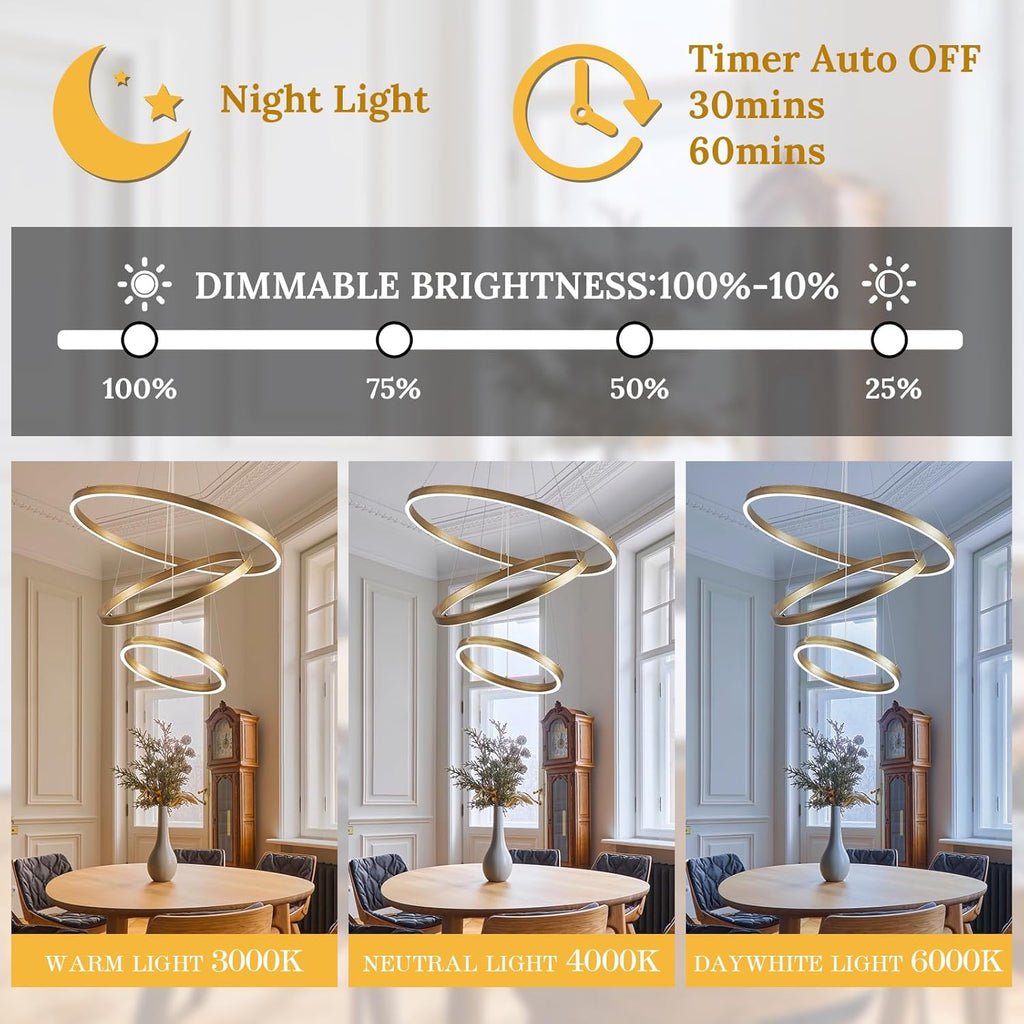 LED 3-Ring Chandelier Gold Dimmable Modern Pendant Light with Remote Control Vintage Brass LED Circle Chandelier for