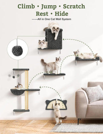 5-in-1 Cat Wall Shelves, Solid Wood Cat Wall Furniture Set for Indoor Cats
