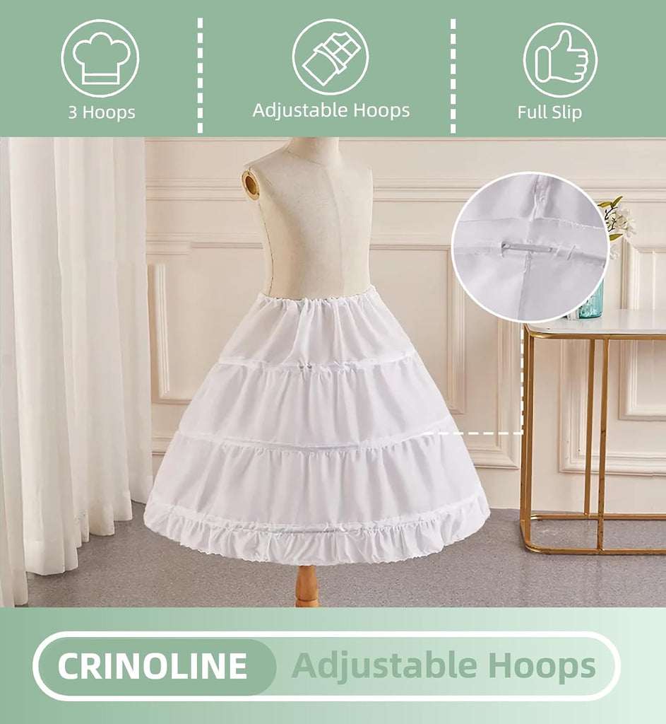 Girls Petticoat with 3 Hoops, Full Slip Crinoline Skirt for Dress