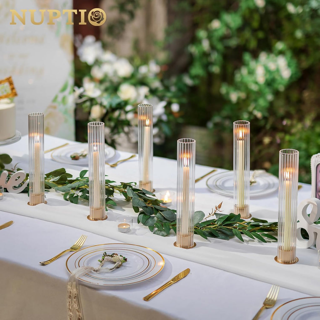 Hurricane Glass Candle Holders: Set of 18 Gold Taper Holders Bulk with Fluted Sleeves - Brass Candlestick Holders for