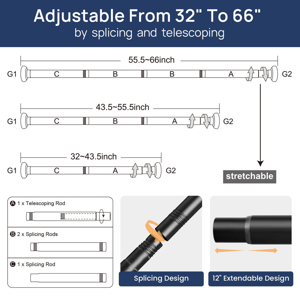 2 Pack Tension Curtain Rod, 32-66" Adjustable, Stable, Black