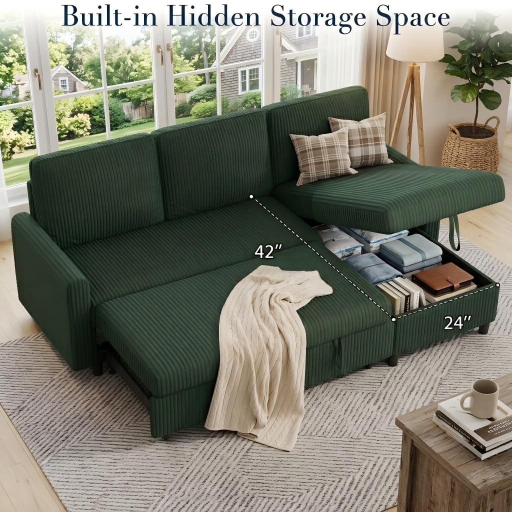70'' Sleeper Sofa Bed with Storage, Convertible Pull Out Couch Futon, Corduroy Fabric L Shaped Sectional Sofa