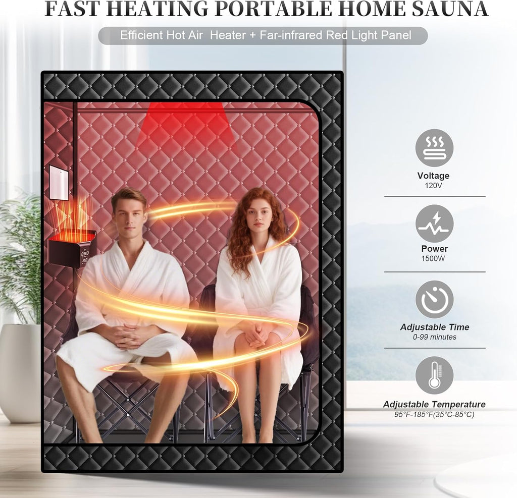 Upgraded Hot Air Sauna, 1 or 2 Person Sauna Tent, 1500W & 159°F Portable Dry Wind Saunas, with 660nm Red Light