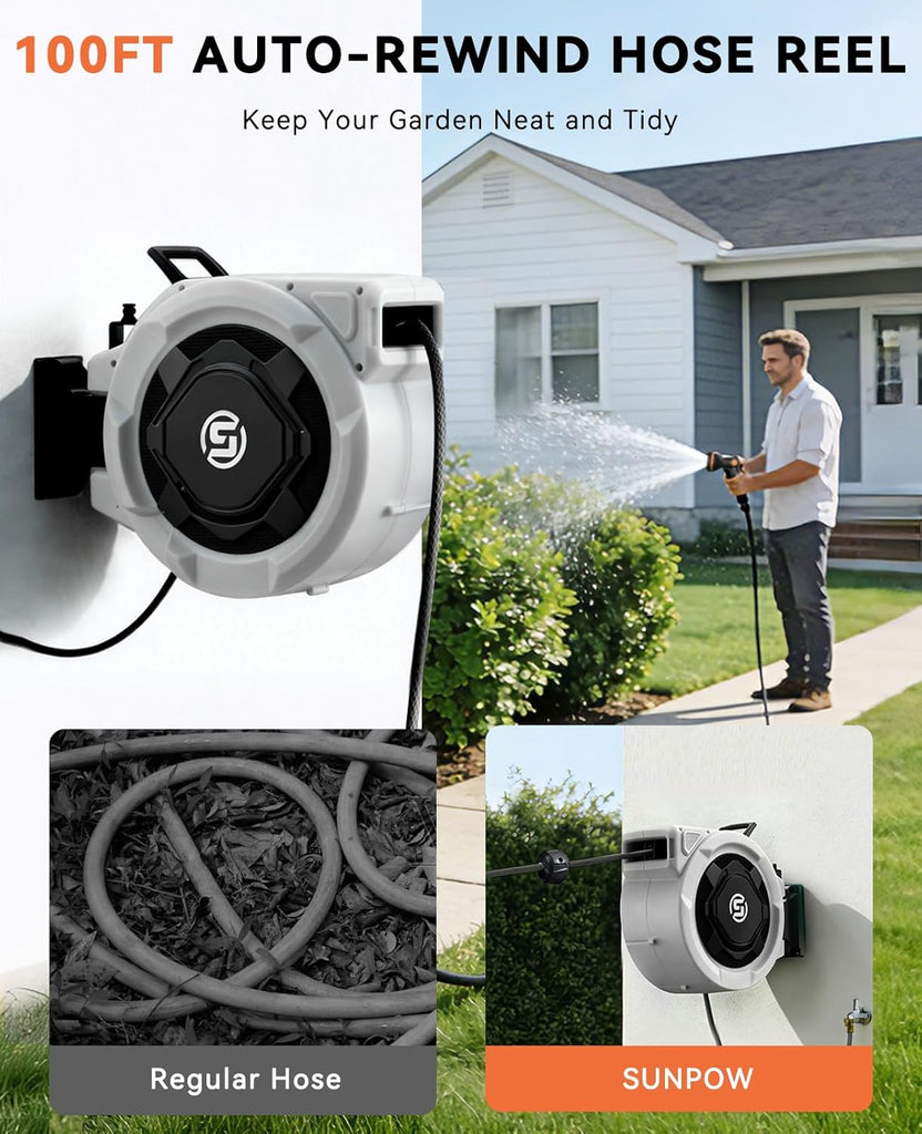 Retractable Garden Hose Reel - 1/2" x 100ft Wall Mounted Hose Reel with 3/4'' Brass Fitting & 10-Pattern Nozzle