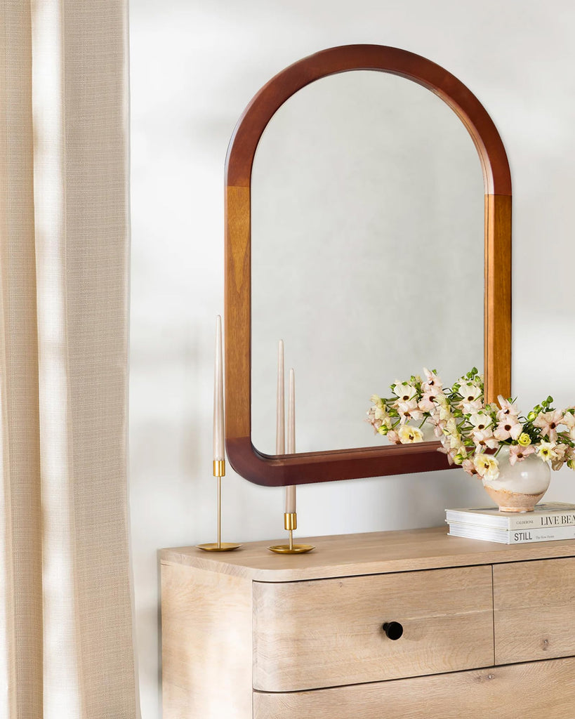 Arched Mirror 22 x 30 Inch, Brown Wood Rustic Bathroom Wall Walnut Mirror