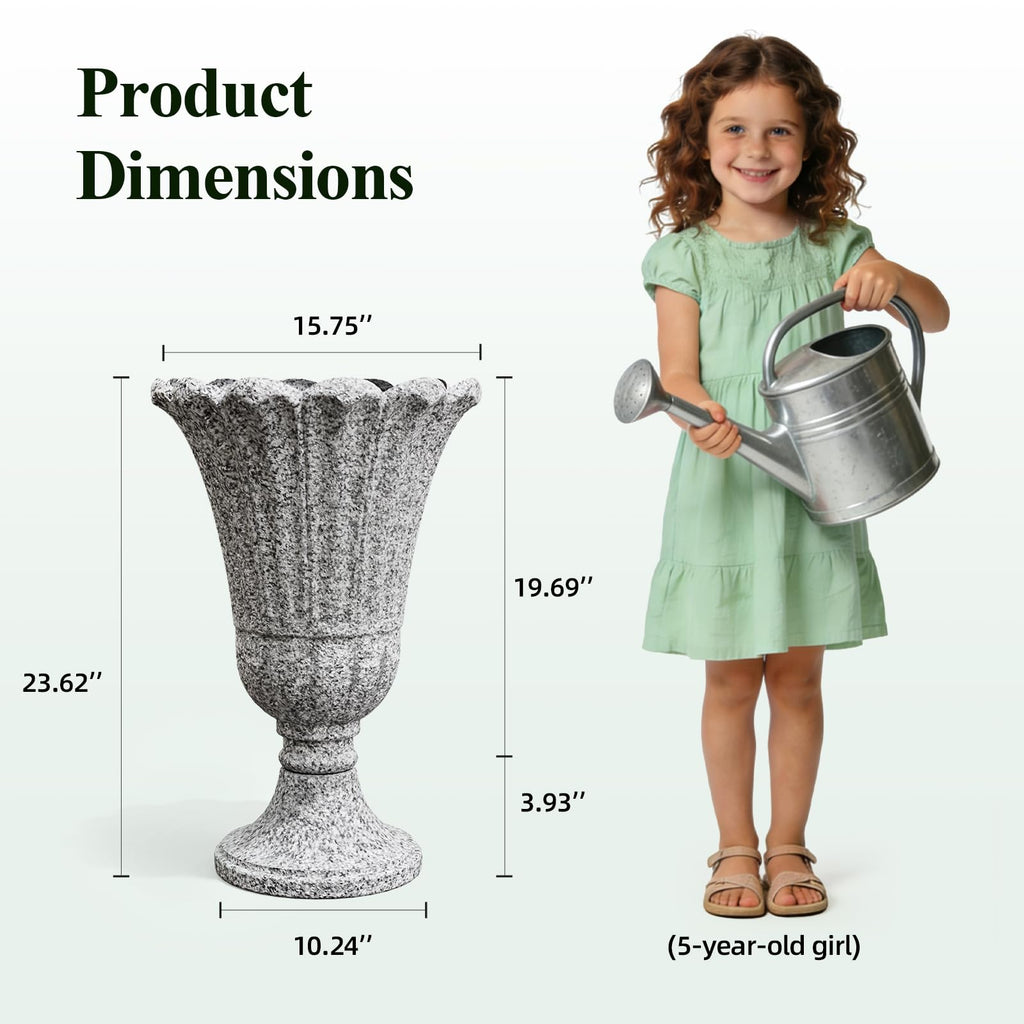 Tall Plastic Urn Planters and Pedestal - 24" Outdoor Planter Grey