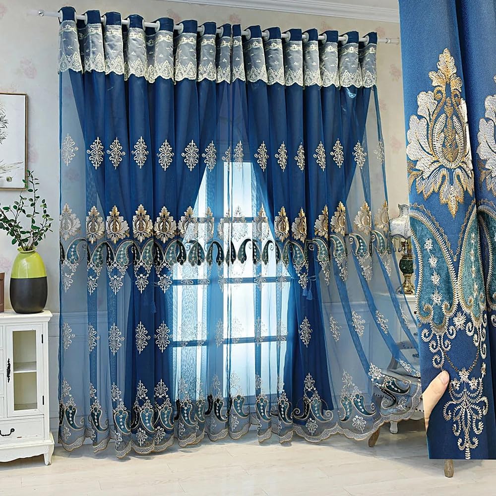 1 Pair European Double Layer Curtains with Valances for Living Room Bedroom Luxury Embroidered Curtains (Blue,63x96