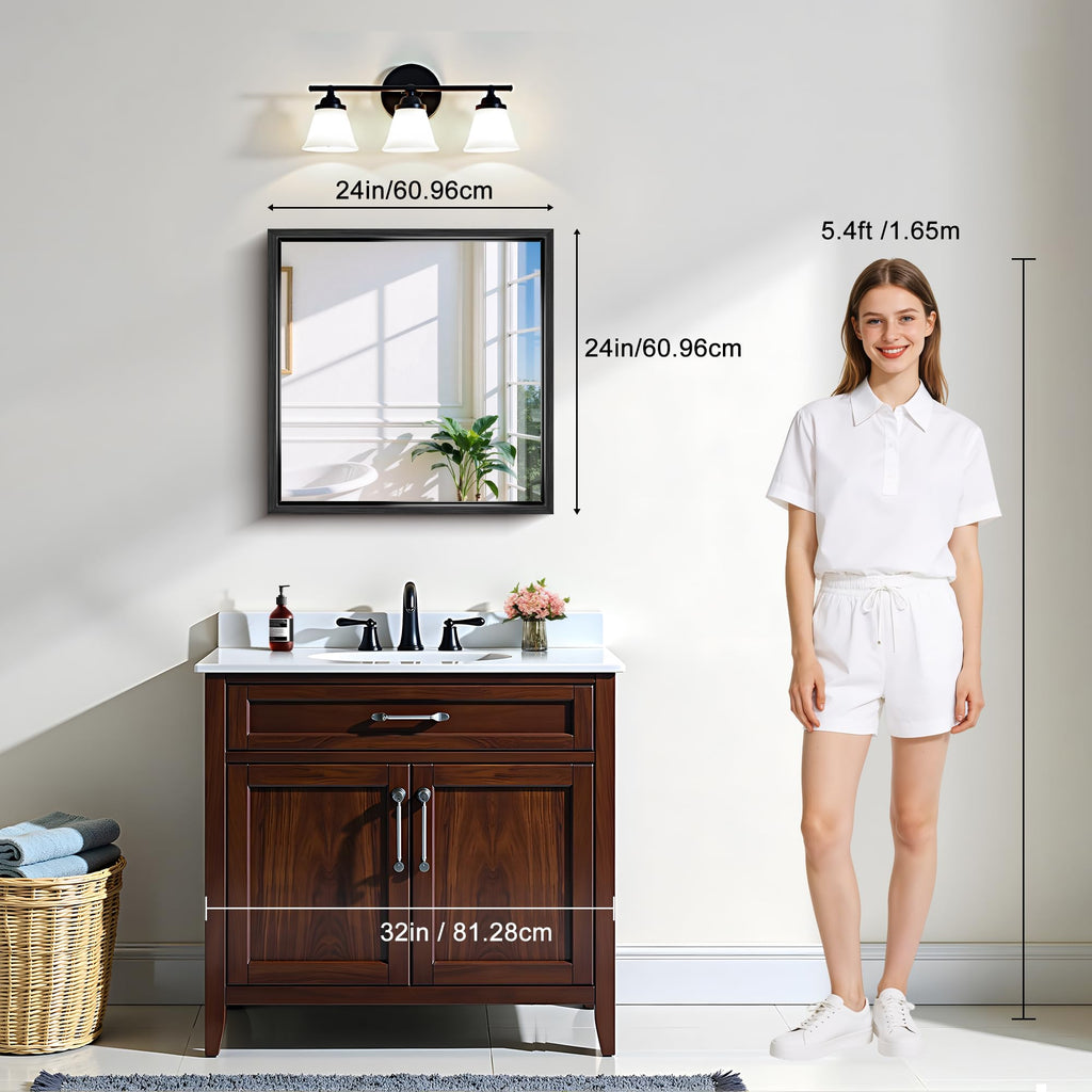 24"x24" Brushed Black Bathroom Mirror, Square Mirror for Vanity