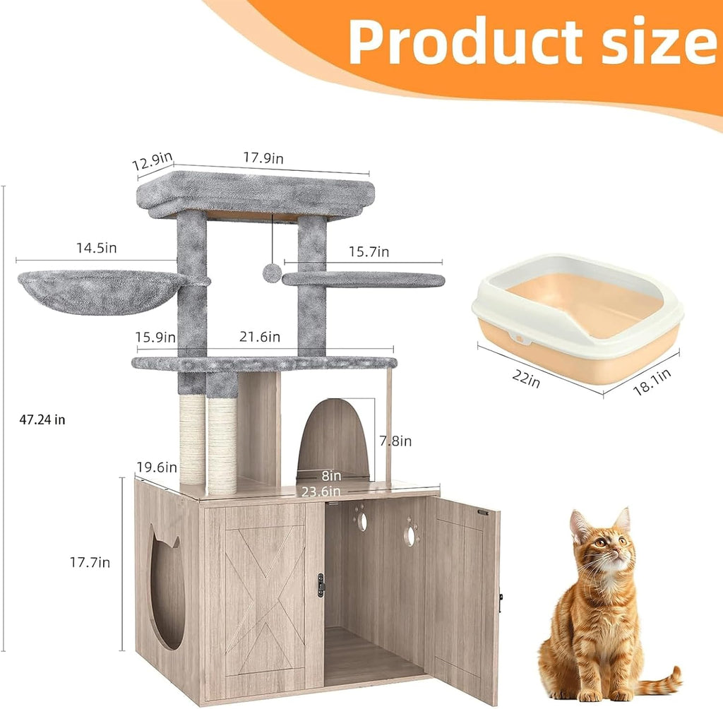 Litter Box Enclosure with Cat Tree, Cat Tree with Litter Box Enclosure, Hidden Pet Washroom Furniture with Sisal