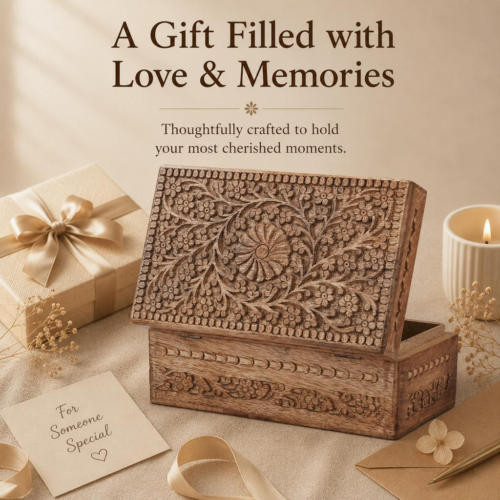 Wooden Jewelry Box Flower Carved Decorative Chest Storage 10 Inch