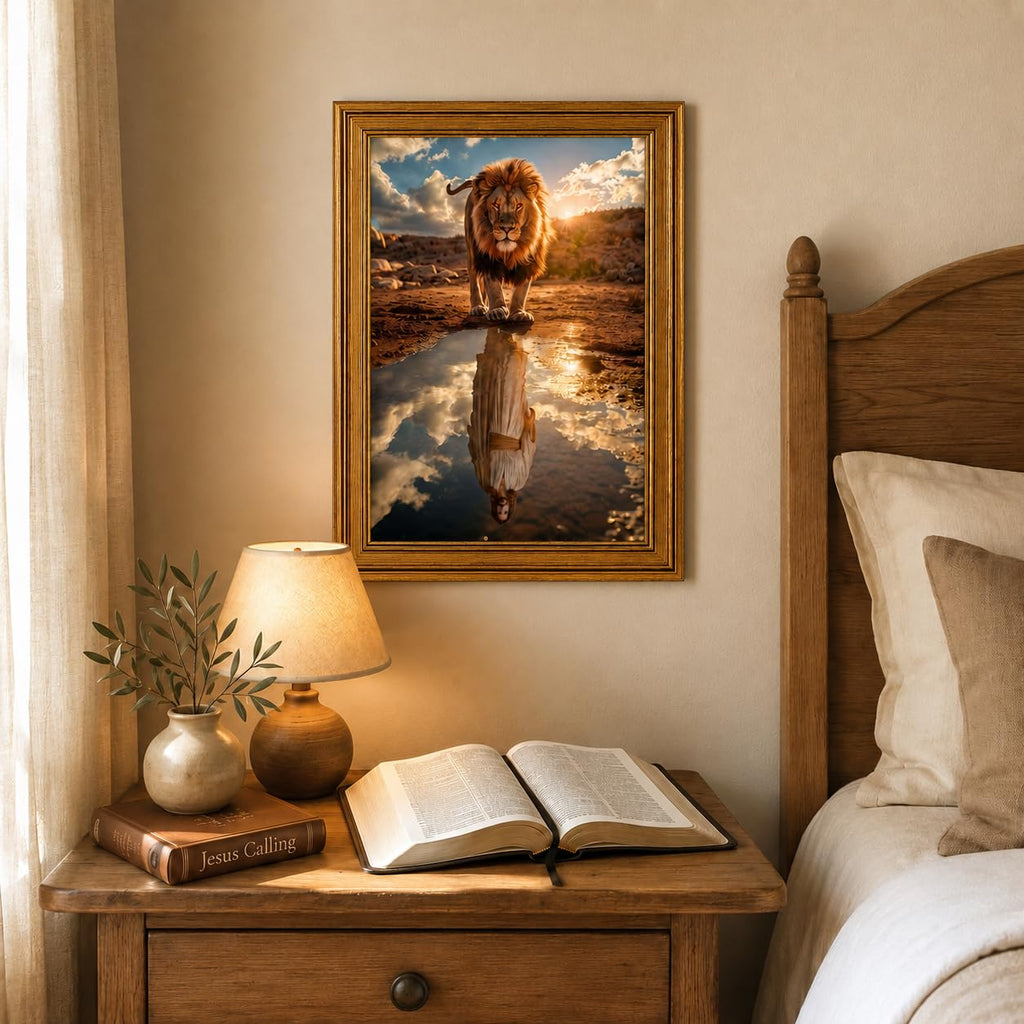 Lion of Judah Jesus Wall Art, Gold Framed Christian Decor, 12x16 inch