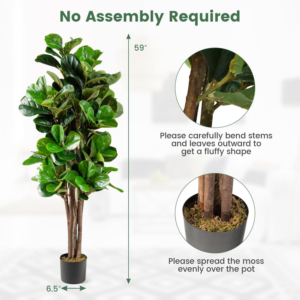 5FT Artificial Greenery Tree, Indoor Fake Fiddle Leaf Fig Tree Plants in Pot, Faux Ficus Lyrata Tree Decoration