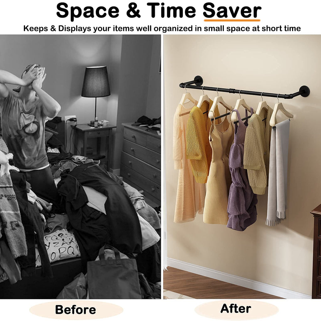 Wall Mounted Clothes Rack 38.4in, Industrial Pipe Wall Mount Clothing Rack, Heavy Duty Iron Garment Racks, Space