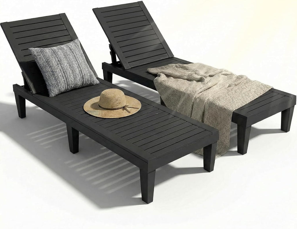 Lounge Chair Outdoor, Set of 2 High-Impact PP Tanning Chairs, Black | All-Weather UV-Resistant & Waterproof Patio