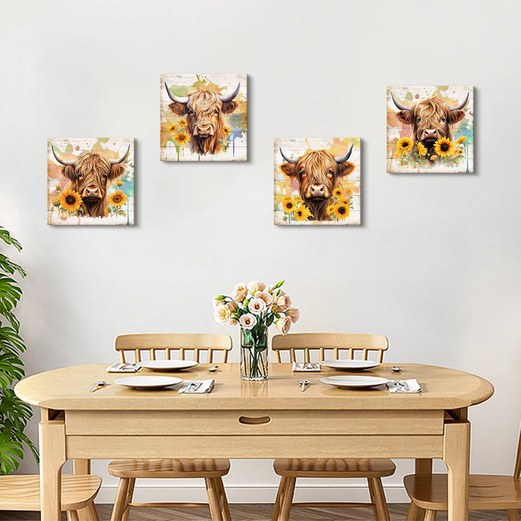 Farmhouse Highland Cow Canvas Wall Art Bathroom Decor Rustic Sunflower Pictures Dining Room Home Decorations