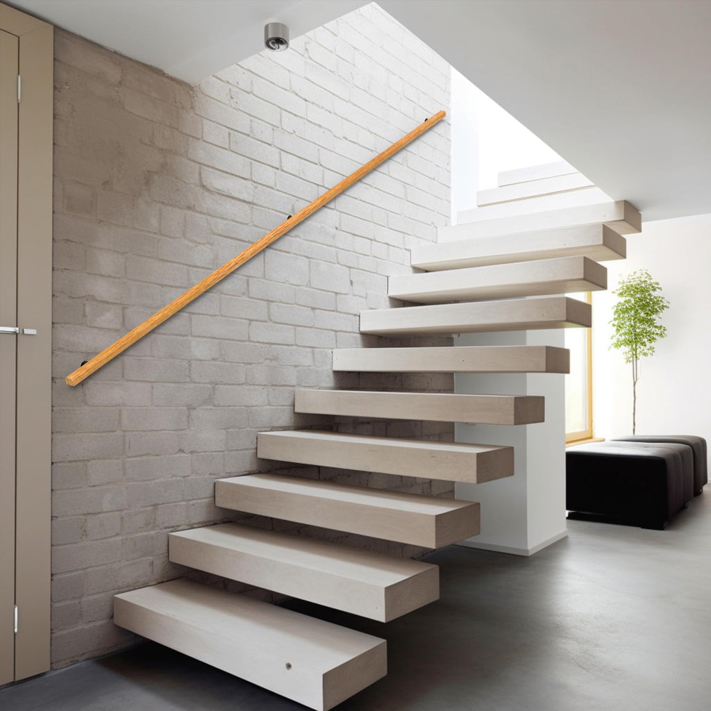 8FT Wood Stair Handrails Wall Mount, Hand Railings for Stairs Indoor Outdoor, Non-Slip Staircase Handrail for