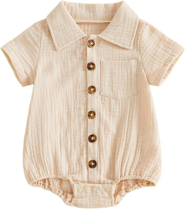 Summer Newborn Baby Boy Cotton Linen Romper Short Sleeve Button Down Jumpsuit Romper One Piece Outfit