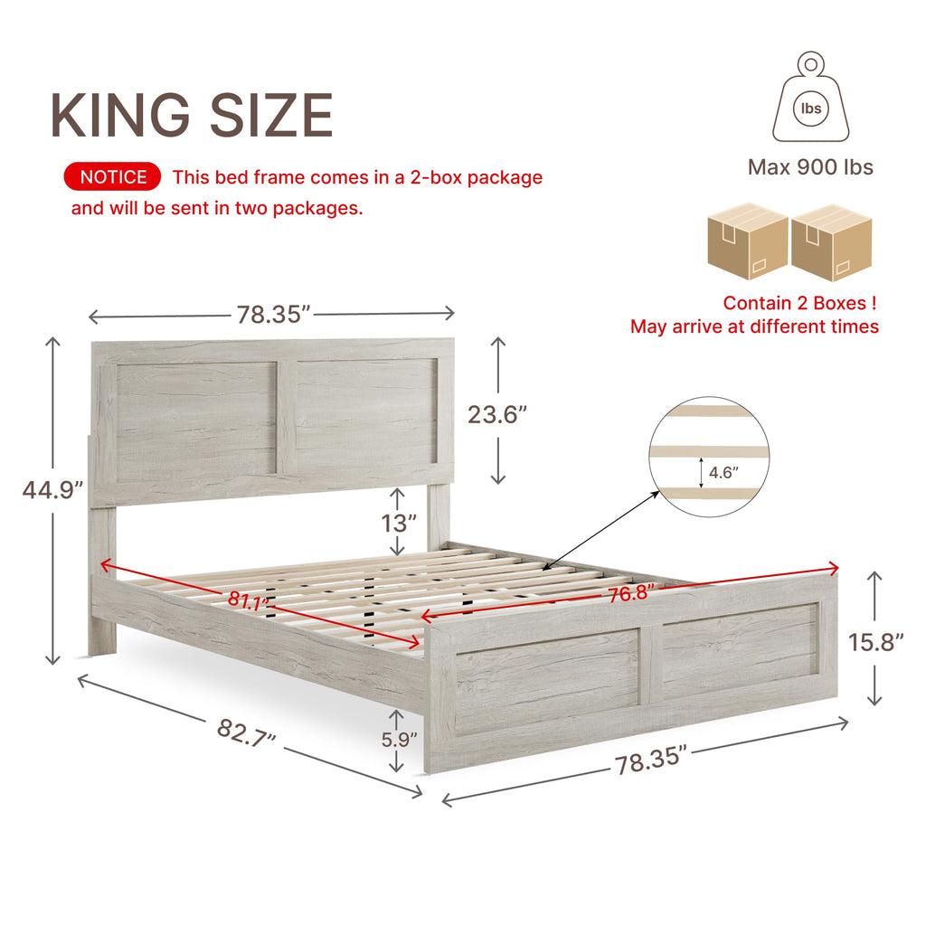 Wood Bed Frame with Headboard and Footboard, Light Gray, King