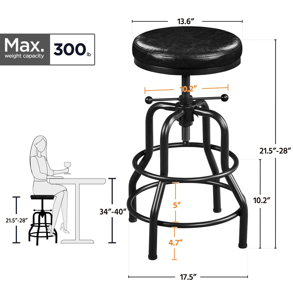 Adjustable Bar Stool 21.5-28 Inch Metal Kitchen Stool Black, 6PCs