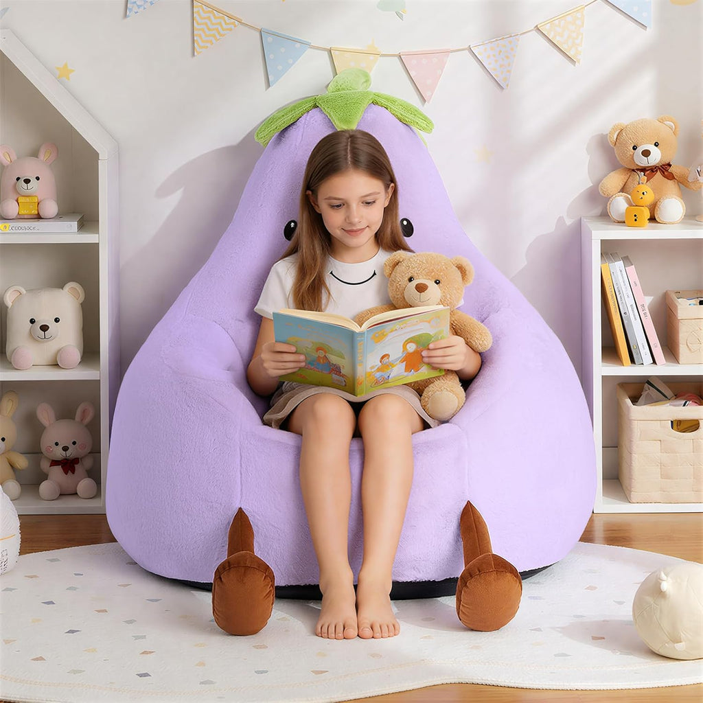 24 Inches Memory Foam Bean Bag Chair - Ultra Soft Faux Rabbit Fur Round Sofa with Handle & Machine Washable Cover