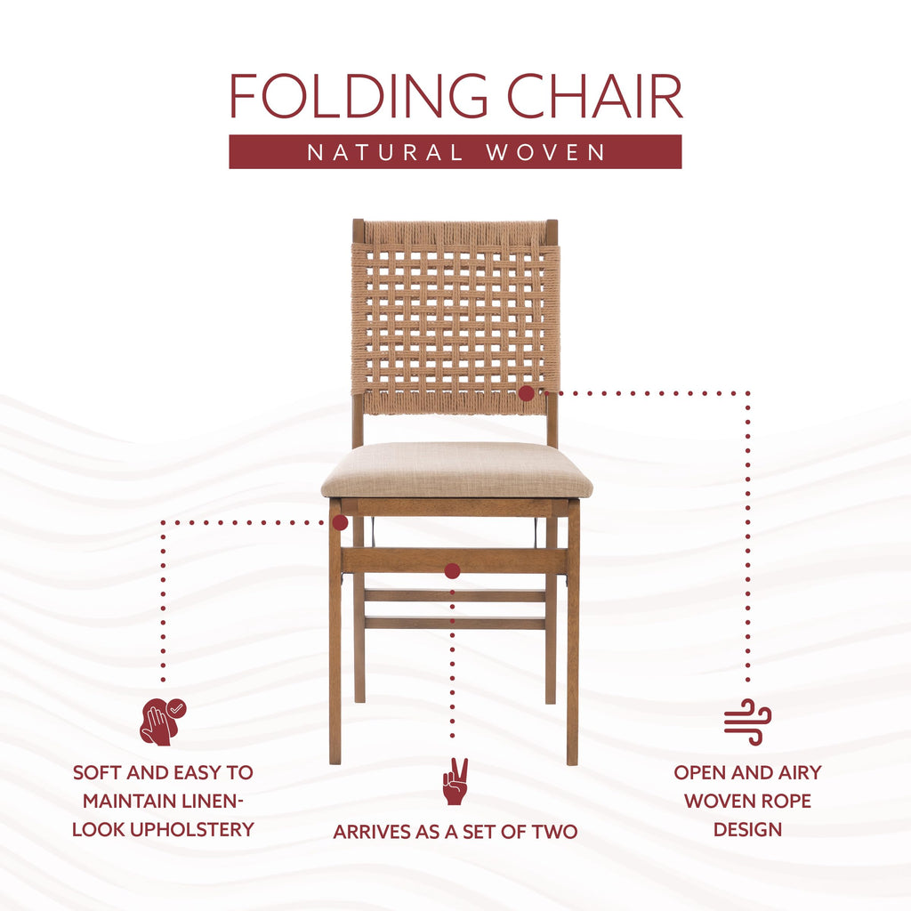 Bennett Natural Folding Chair with Woven Rope Back and Linen Upholstered Seat Set of 2