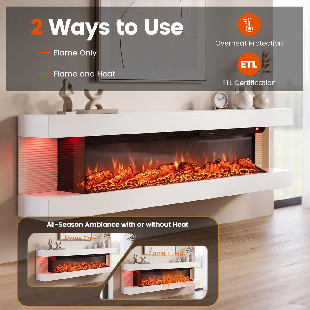 3 Sided Wall Mount Electric Fireplace w/ 60" Floating Mantel, White