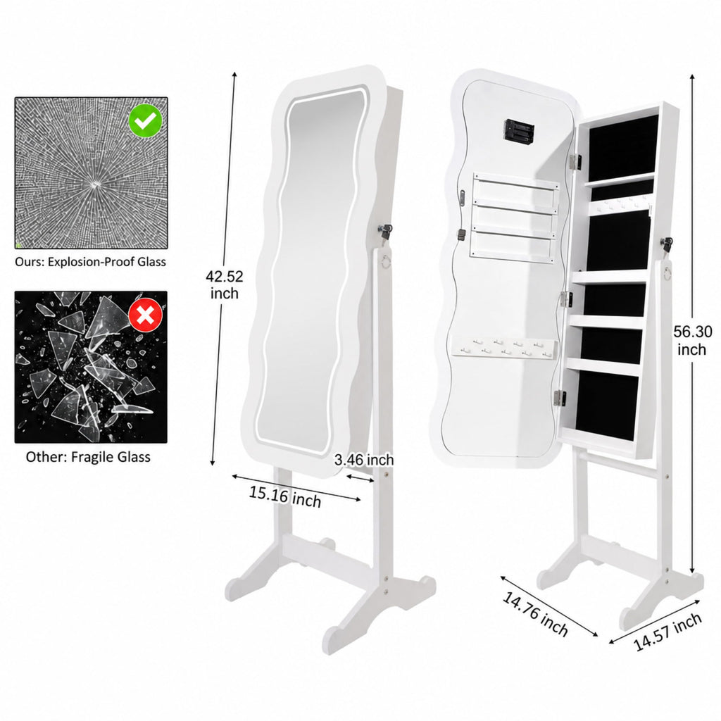 RGB Mirror Jewelry Cabinet, Remote Control LED Mirror with Storage