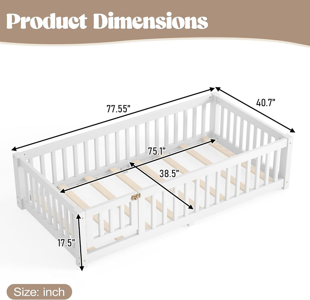 Twin Size Floor Bed Frame with Fence and Door for Kids, Montessori Floor Bed with Slats and Safety Guardrails,Solid