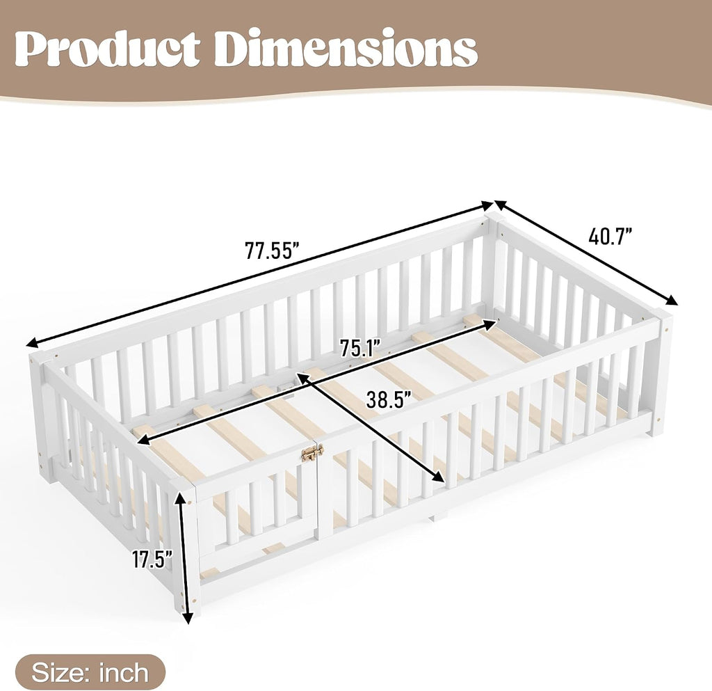 Twin Size Montessori Bed with High Fence and Guardrail, Solid Wood Floor Bed Frame for Kids Boys Girls, White