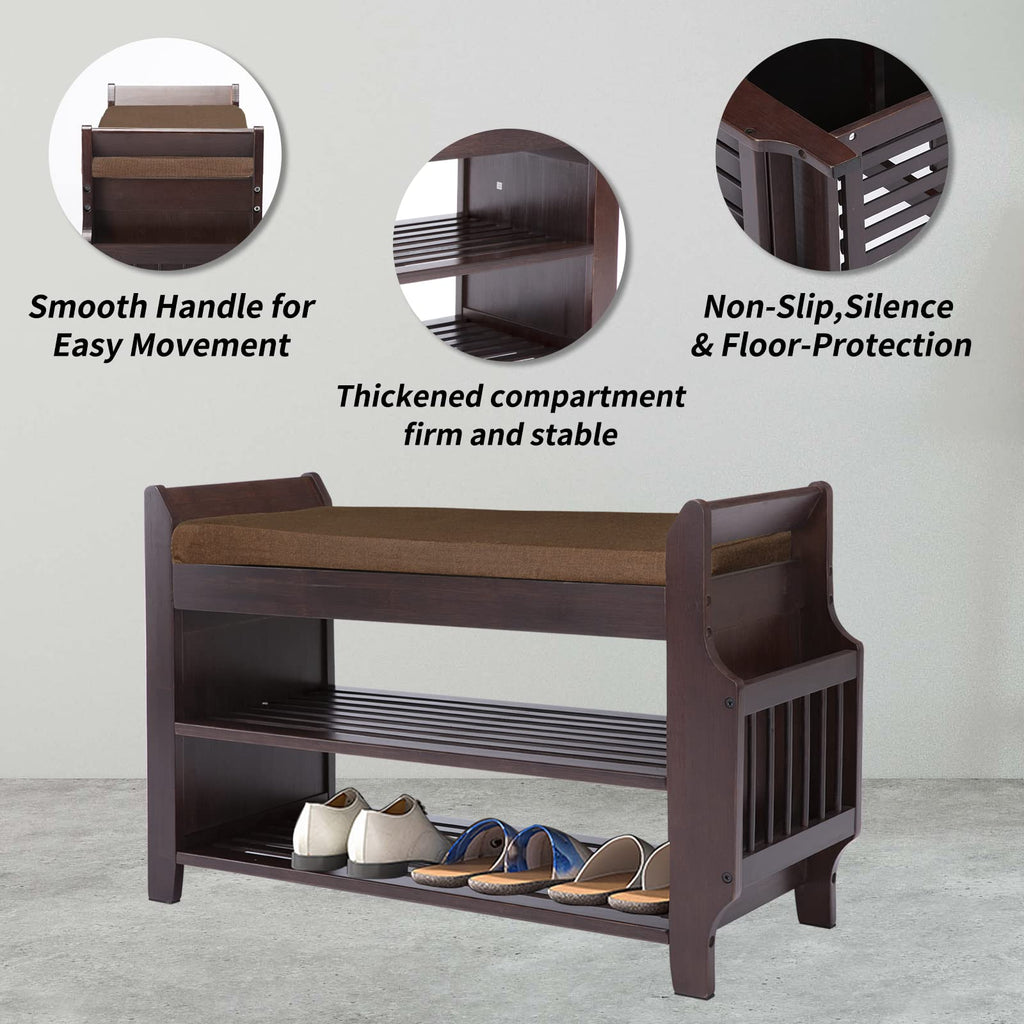 Bamboo Shoe Bench Entryway with Storage, Removable Cushion, 2-Tier Shoe Rack, 30.9" x 11.6" x 19.5"