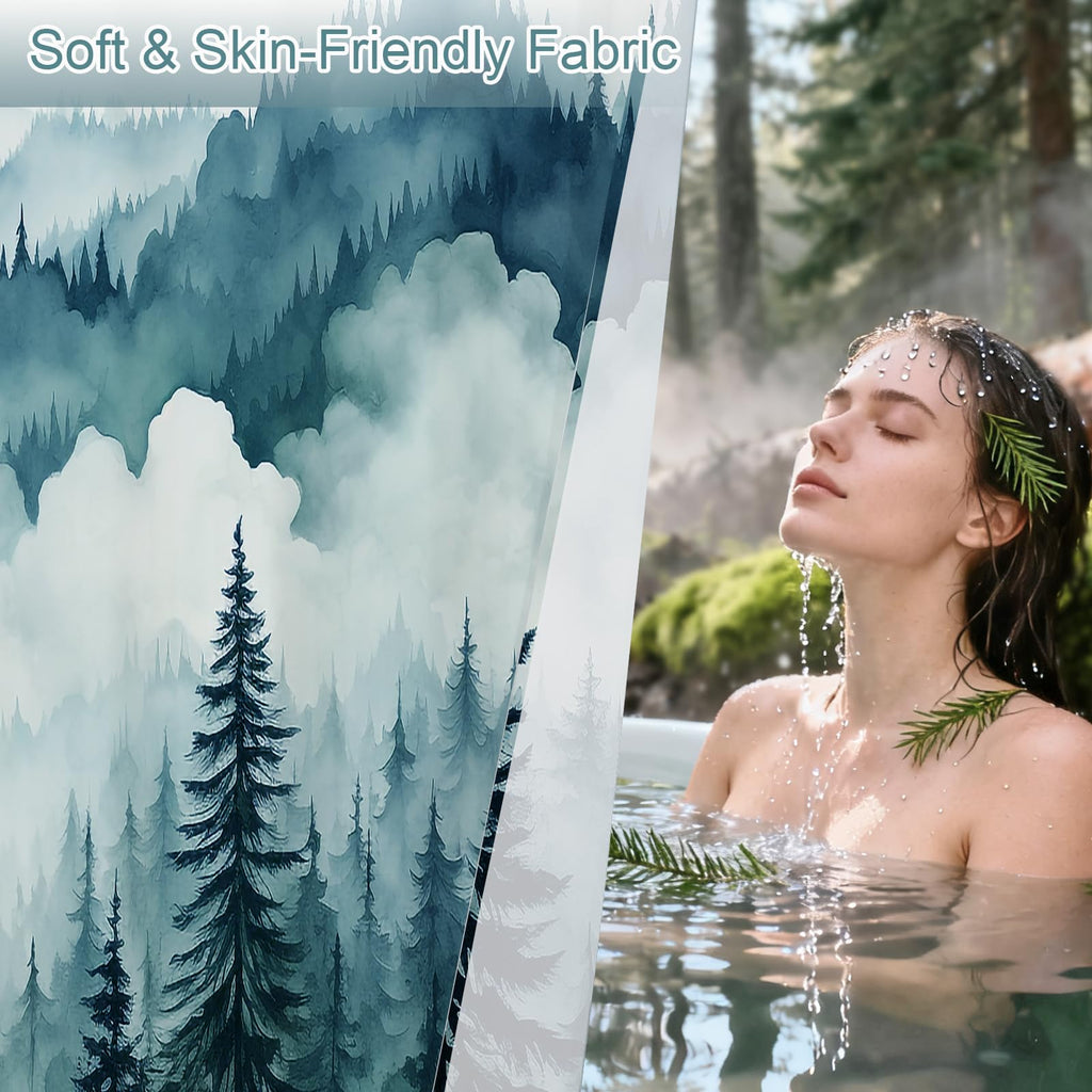 Peacock Blue Pine Forest Shower Curtain, Misty Woodland, 72 x 78 Inches