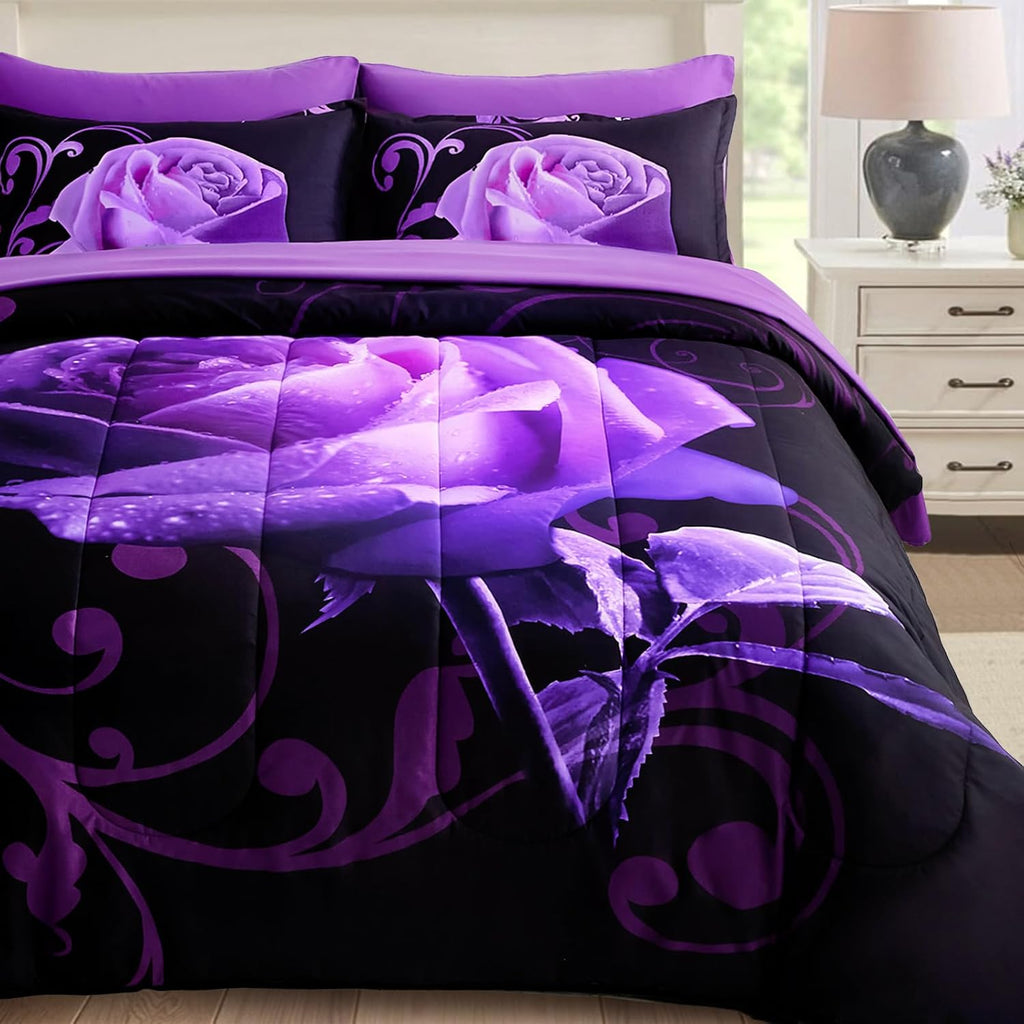 Purple Comforter Set King, Reversible Purple Rose 7 Pieces Bed in a Bag