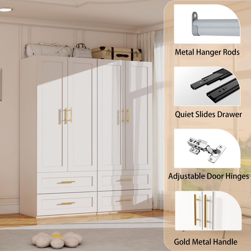 White Wardrobe with 4 Doors and 4 Drawers, 75" Tall x 63" Wide