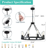 8 Lights Wagon Wheel Chandelier, Black Kitchen Island Lighting Fixture Round Metal Industrial Farmhouse Dining Room Pendant Light for Living Room Foyer Entryway,E26 Socket, 23.6". Height Adjustable A105-B0D78CXHYK