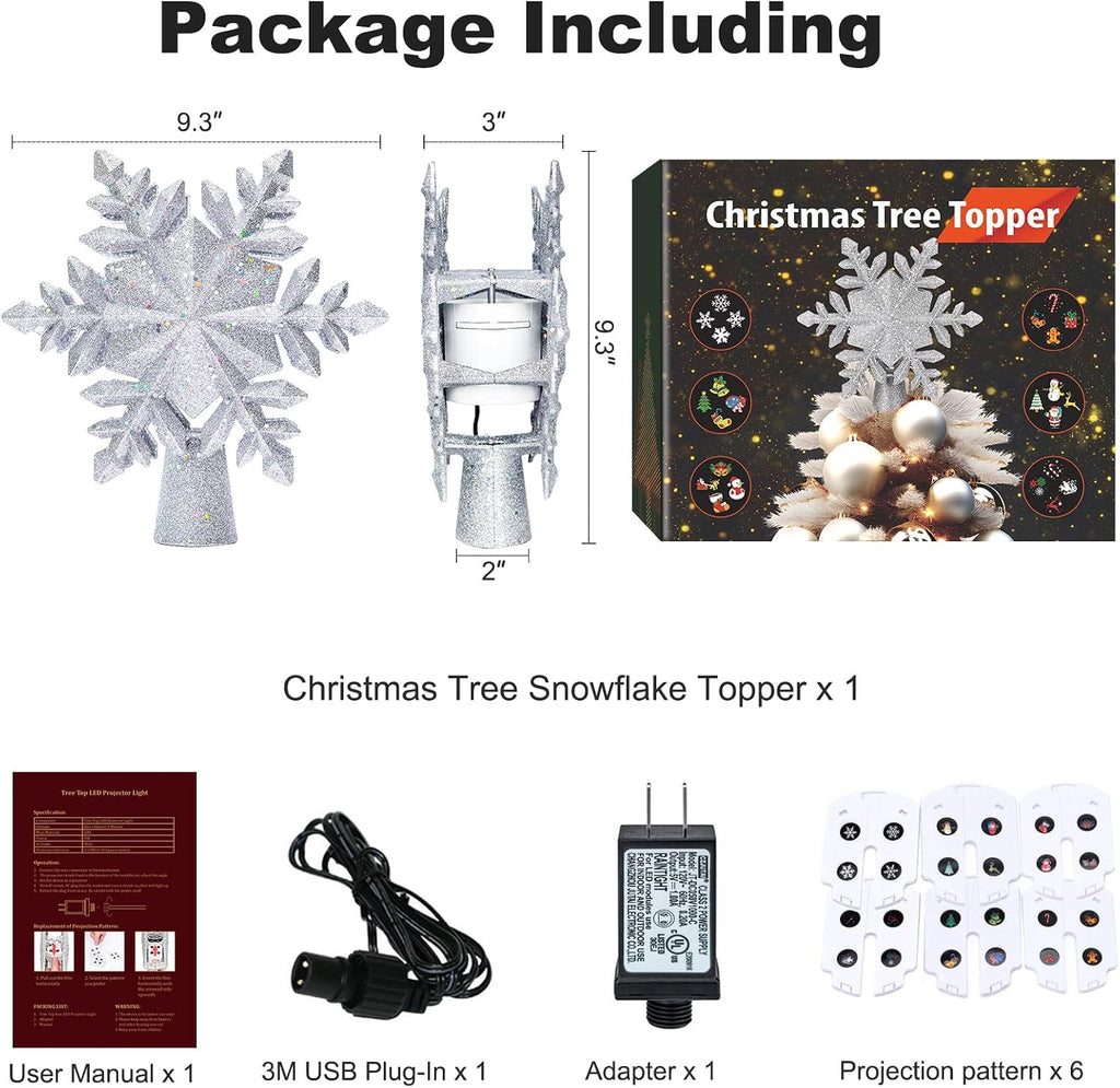 Snowflake Tree Toppers with LED Rotating Lights, Silver