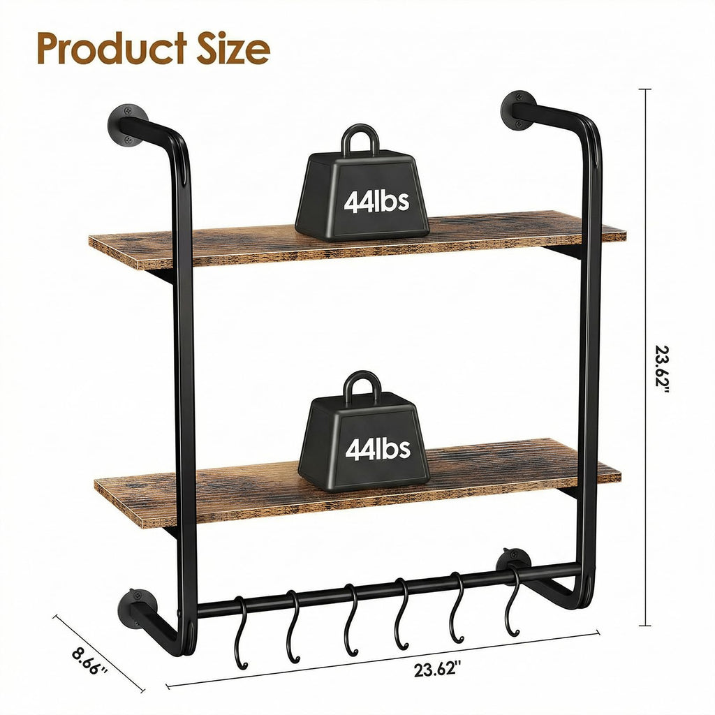 2 Tier Industrial Pipe Floating Shelf, 24" Kitchen Wall Shelves
