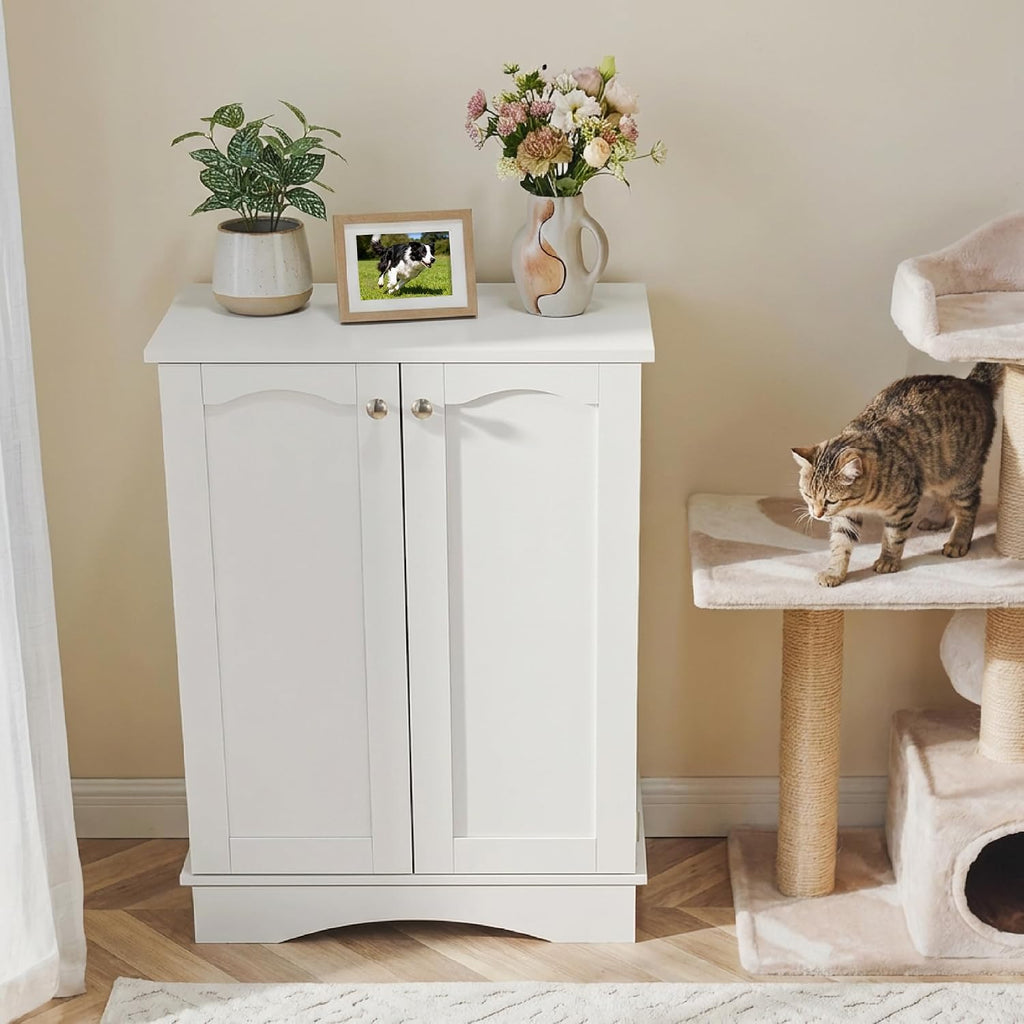 23.5"(w) Dog Feeding Station with Storage, Dual Door Hung Storage, Hidden Feeding Bowls, (Off White)