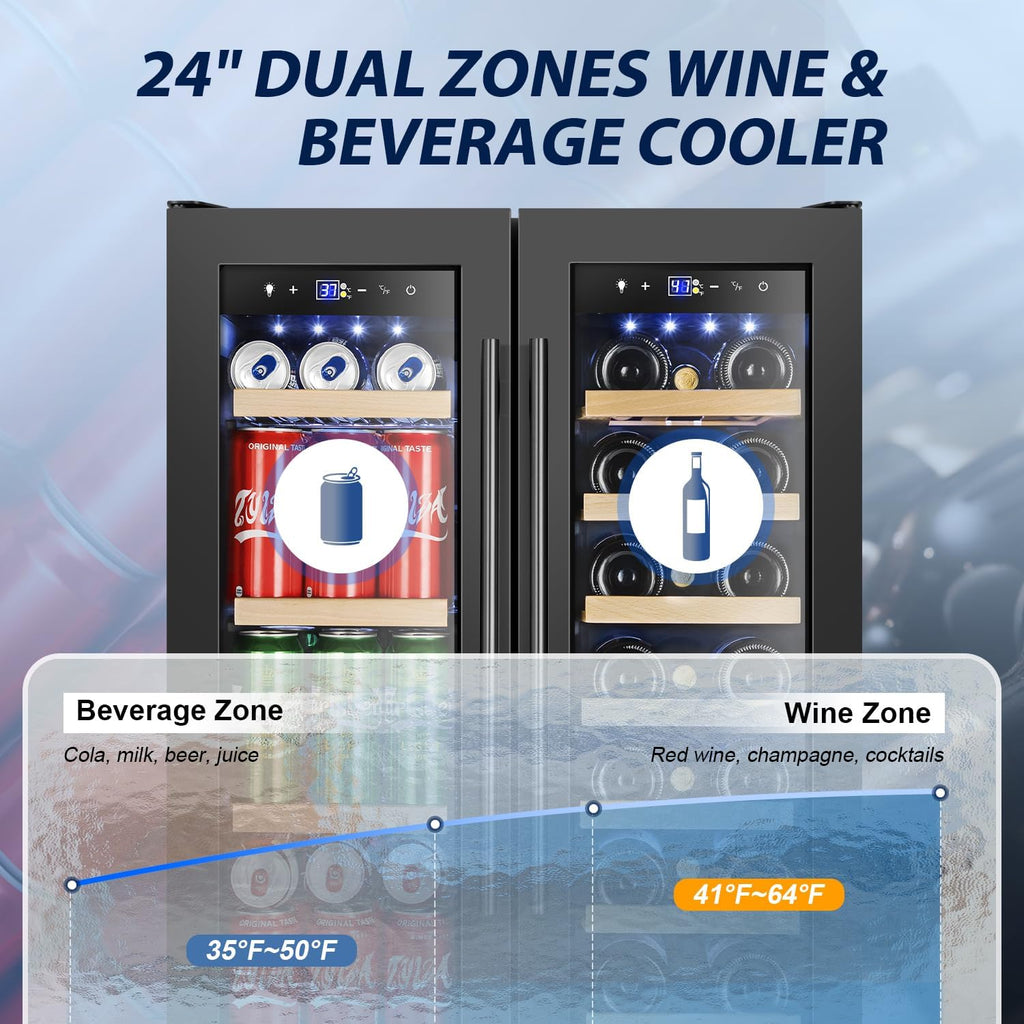 24 Inch Wine and Beverage Refrigerator, Dual Zone Wine Beverage Cooler 24" with 