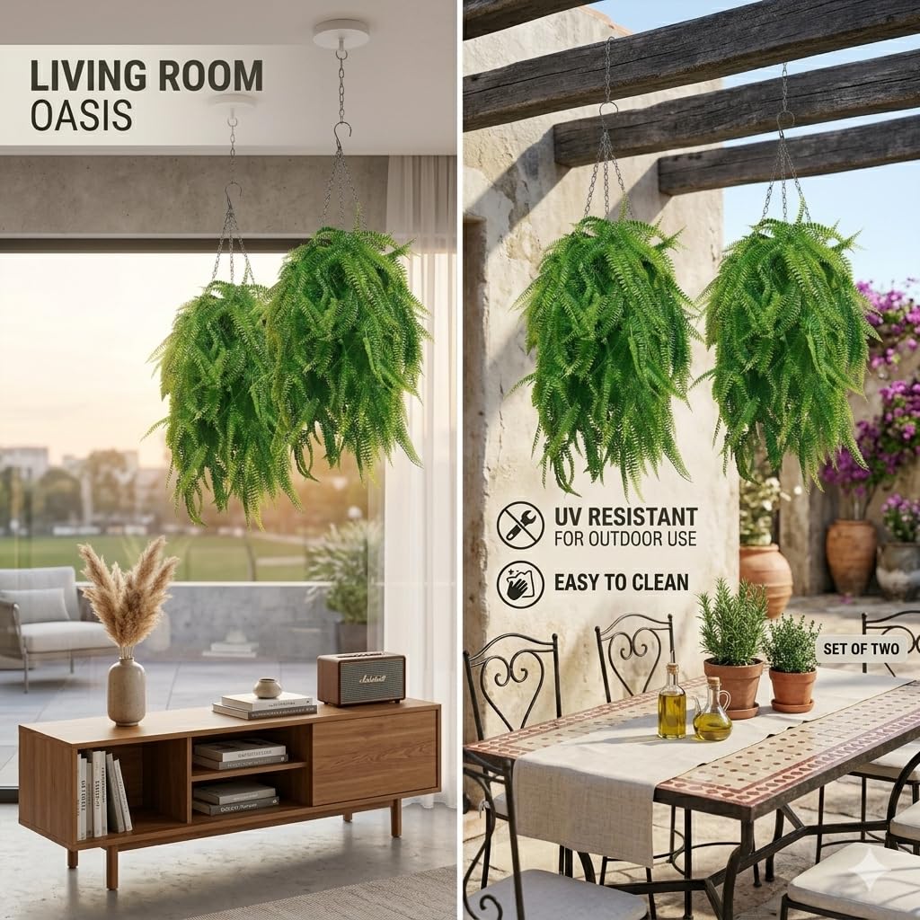 2 Sets Artificial Hanging Fern with Baskets for Outdoor