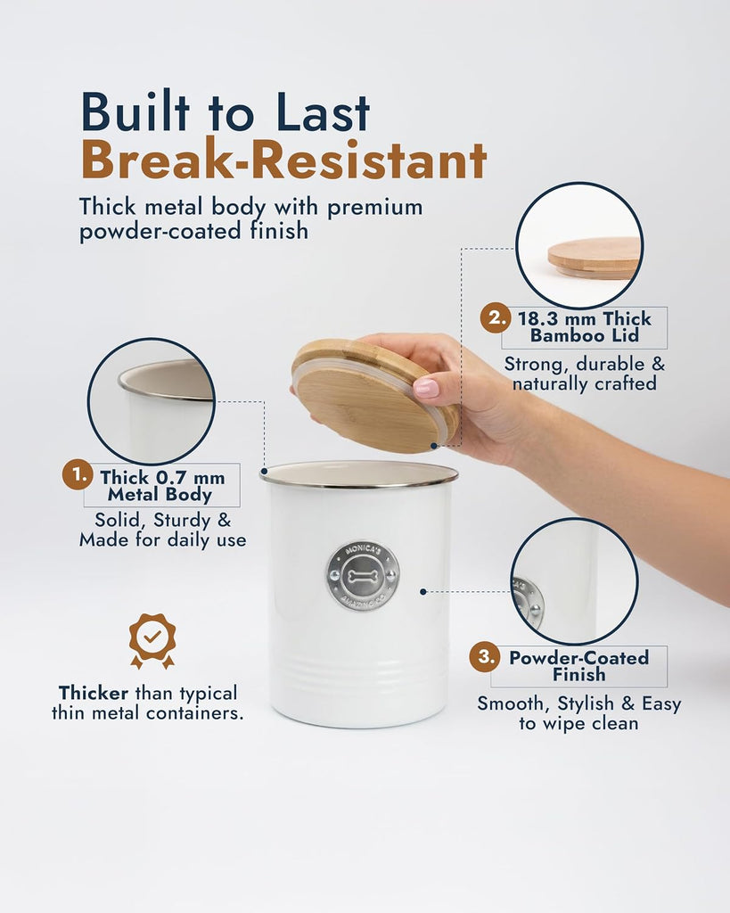 Dog Treat Container with Bamboo Lid, White Metal, 5.1" W x 6.5" H, 6.4 Cups