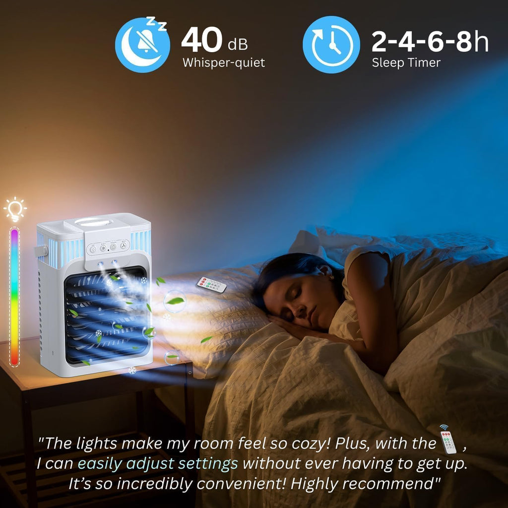 Portable Air Conditioners, 3 Speeds, 3 Mist Modes, 40oz Water Tank, 2~8h Timer & 7-color Ambient Lights