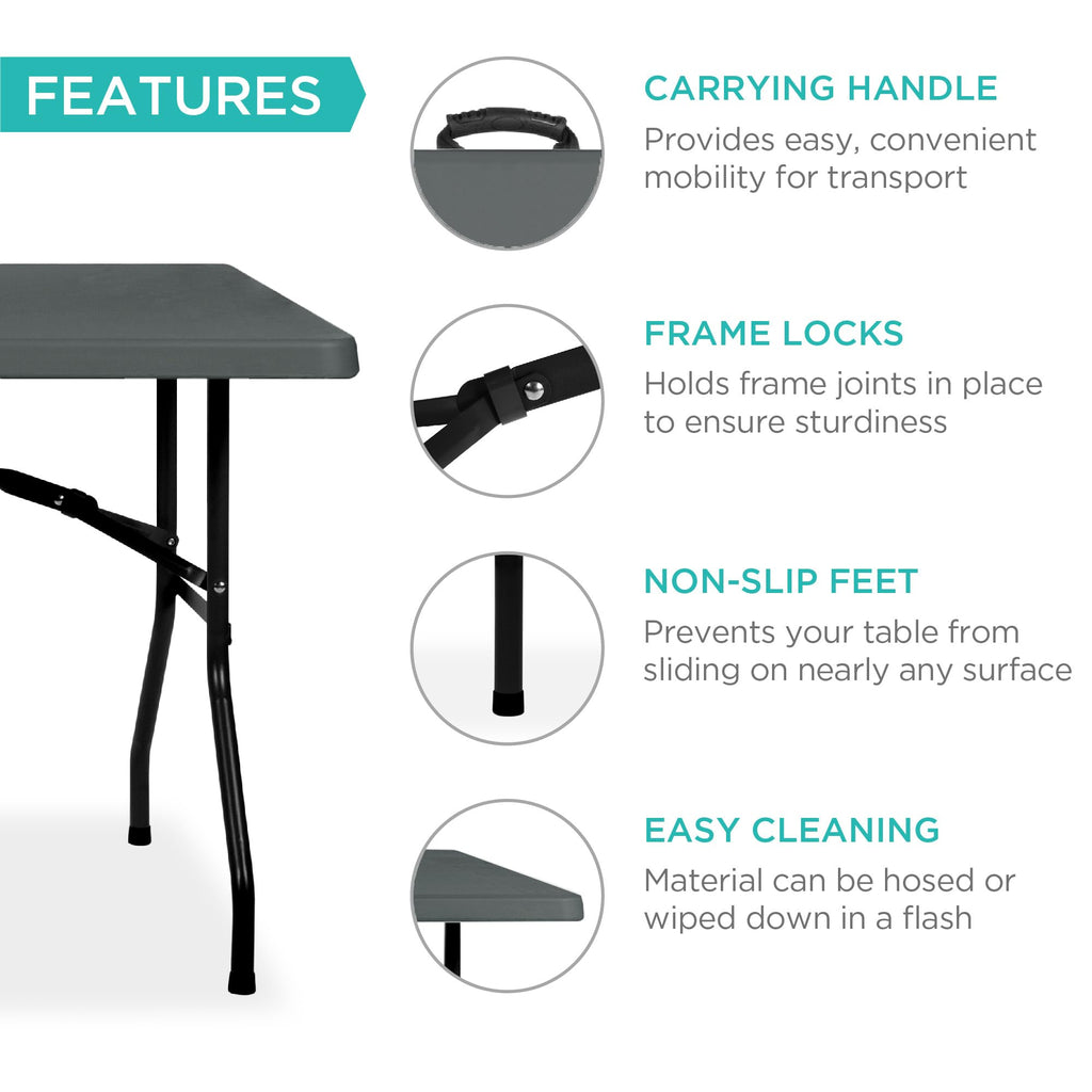6ft Plastic Folding Table, Indoor Outdoor Heavy Duty Portable w/Handle, Lock for Picnic, Party, Camping - Dark Gray