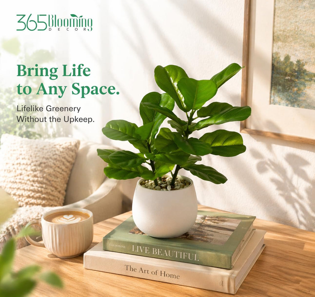 18" Artificial Fiddle Fig Plant in White Modern Pot, Real Touch Ficus Lyrata with Natural Pebbles, Faux Indoor