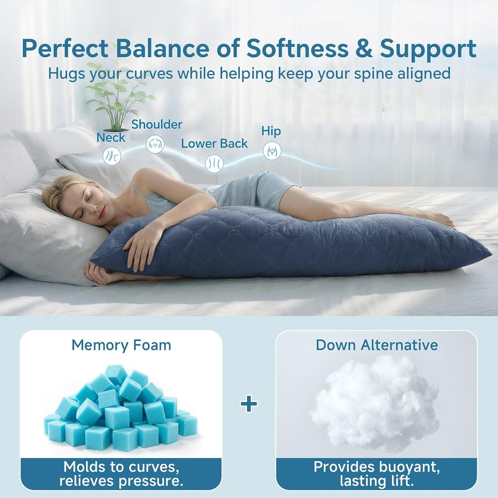 Cooling Body Pillow, Memory Foam Filled, Navy Blue, 20x54 Inches | Soft & Cool-Touch Quilted Nylon-Spandex Cover